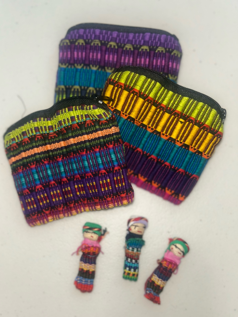 Handwoven Multicolor Kids Coin Pouch with little doll - Bright Stripes set of 3